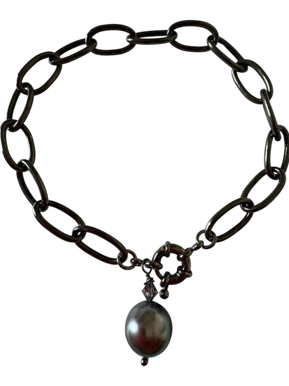 Artisan Gunmetal Black 925 Sterling Silver Chain Bracelet Grey Pearl Charm NEW
